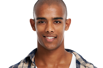 Image showing Happy, smile and portrait of a man in a studio with a health, wellness and cosmetic face. Young, handsome and male model from Brazil with self care skin treatment isolated by a white background.