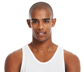 Image showing Black man, skincare studio and face for health, cosmetic wellness or aesthetic by white background. Young model, man and natural glow on facial skin, beauty or healthy self care cosmetics by backdrop