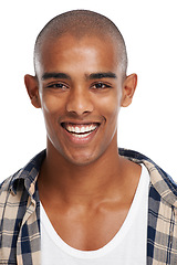 Image showing Happy, black man and face portrait of a model smile with happiness and calm natural beauty. Young man, casual and healthy dental care of a laughing african student feeling positive, cool and friendly