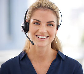 Image showing Call center, telemarketing and portrait of woman with headset for friendly service, customer care and consulting. Crm company, contact us and face of female consultant with smile for customer service