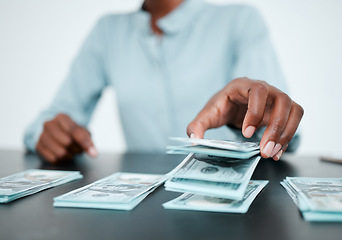 Image showing Hands, money and desk for saving, planning or budget in finance office with african financial advisor. Cash, investment and future wealth with dollar, bills and savings with financial coaching advice