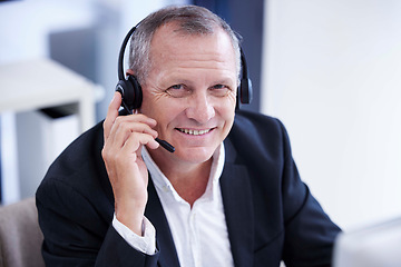 Image showing Call center, portrait and businessman smile for telemarketing, virtual communication or digital software support in information technology. Contact us, crm and corporate manager, consultant or agent