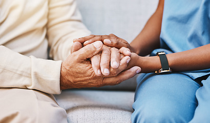 Image showing Nurse, hands and senior patient in empathy, safety and support of help, trust and healthcare consulting. Nursing home, counseling and gratitude for medical caregiver, client and hope in consultation