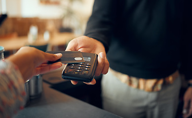 Image showing Credit card payment, pos and customer hands, store cashier or restaurant waiter with easy point of sale machine. Shopping, b2c commerce service or woman with financial fintech purchase at retail cafe