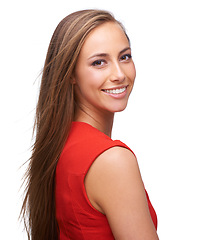 Image showing Happy, smile and portrait of a woman in a studio with a beauty, makeup and cosmetic face routine. Beautiful, young and natural female model posing while isolated by white background with mockup space