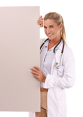 Image showing Mockup portrait, doctor and woman with poster, placard or billboard for marketing, advertising or product placement. Studio sign, banner space or sales girl with promotion mock up on white background