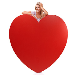 Image showing Heart, love and studio portrait of woman with big red object, romantic product or emoji icon for Valentines Day holiday. Beauty, happy smile and relax model girl with care symbol on white background
