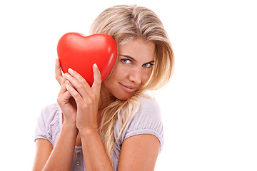 Image showing Happy woman, heart emoji and love portrait on a white background for valentines day, motivation and happiness. Face of a young female model in studio with a red icon and smile for dating and support