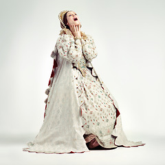 Image showing Queen, surprise face and vintage costume in white background for announcement, theatre party dress up or scared character. Woman, shocked and wow for renaissance history event isolated in studio