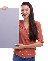 Image showing Advertising mockup, portrait and woman with poster, placard or billboard for promotion, marketing or product placement. Sign, banner space and sales model girl with studio mock up on white background