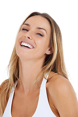 Image showing Happy, laughing portrait and woman of a isolated model with a smile and natural beauty. Happiness, smiling and beautiful person alone with mock up in a studio feeling positive with white background