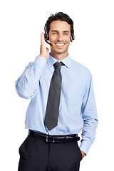 Image showing Customer support communication, call center and consultant talking on telecom microphone, contact us CRM or telemarketing. Business e commerce, help desk agent and man consulting for customer service