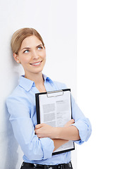 Image showing Thinking, business woman and contract clipboard on isolated white background with cv ideas or recruitment goals. Smile, happy worker and human resources manager with paper documents for we are hiring