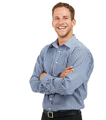 Image showing Proud portrait and happy businessman mindset with arms crossed and cheerful smile for advertising. Happiness of handsome corporate worker smiling at white studio background with mockup.