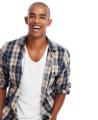 Image showing Smile, laughing and black man portrait in studio with confidence, joke and comic from Atlanta. Funny guy, young fashion model and white background with confident style, cool clothes and comedy meme