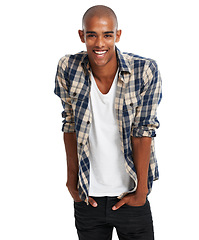 Image showing Happy black man, studio portrait and smile with confidence, attitude and happiness. Cool guy, fashion model and laughing on white background with college student, fashion clothes and handsome face