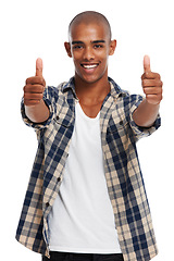 Image showing Young african man, success and thumbs up portrait of yes, achievement and winner hands sign. Thank you, happiness and ok agreement satisfaction hand gesture of a black man with motivation from goal