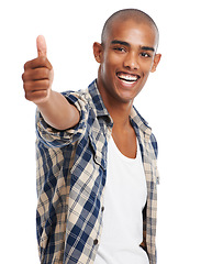 Image showing Thumbs up, black man and happy portrait of a young model with yes, success and winner hand sign. Smile, happiness and agreement satisfaction hands gesture of a person excited about complete goal