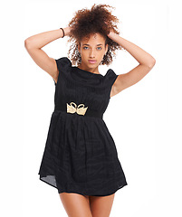 Image showing Fashion, beauty and portrait of a black woman with natural hair on white background wearing a black dress. Young female model posing with free space for marketing and advertising cosmetics or clothes