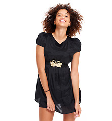 Image showing Happy, portrait and African fashion model in a studio with casual, designer brand and chic clothes. Style, young and black woman with a stylish, apparel and cute dress outfit by a white background.