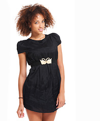 Image showing Fashion, young and portrait of a black woman in studio with casual, designer brand and chic clothes. Style, beauty and African model with a stylish, apparel and cute dress outfit by white background.