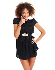 Image showing Black woman, portrait or afro thumbs up for fashion clothes, trendy party style or cool clothing on white background. Happy smile, model or hand gesture for review, good luck motivation or yes vote