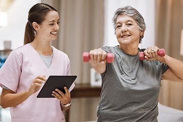 Image showing Nurse with tablet, old woman in nursing home and physical therapy fitness with dumbbell, healthcare and digital checklist for wellness. Health, retirement care and exercise with muscle training.