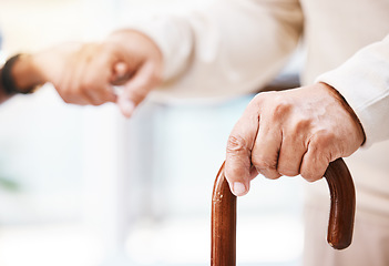 Image showing Walking stick, senior patient and nurse hands for help, support and therapy for disability, parkinson and arthritis. Cane, disabled man and caregiver in nursing home for healthcare, trust or homecare