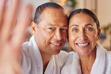 Image showing Selfie, spa and relax with a mature couple posing for a photograph in a salon of wellness center together. Face, portrait and massage with a man and woman taking a picture in a luxury resort