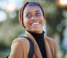 Image showing Face, happy black woman and student at park ready for learning, studying and education. Scholarship, freedom and smile of female lost in thoughts, thinking and contemplating knowledge outdoors alone.