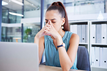 Image showing Headache, depression and mental health with business woman in office, fatigue or corporate burnout with anxiety. Pain, tired and stress with laptop glitch, frustrated and depressed female at work