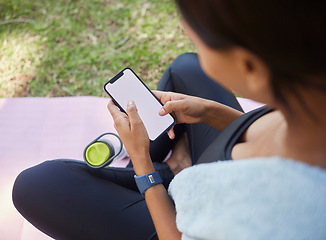 Image showing Phone mockup, fitness and woman in nature for training with a mobile app, online workout and marketing exercise on social media. Space, advertising and athlete with a mobile for park sports in USA
