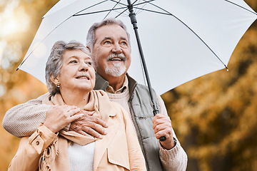 Image showing Love, umbrella and nature with a senior couple outside together, standing in a park during winter or autumn. Forest, retirement and coutryside with a mature man and woman bonding outdoor for dating