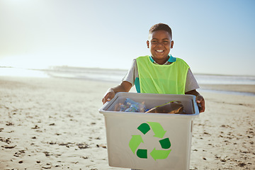 Image showing Child, portrait and recycling, clean beach with box and plastic bottle, environment and climate change with nature sustainability. Eco friendly recycle activism, cleaning Earth and volunteer mockup