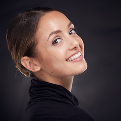 Image showing Skincare, portrait or woman in studio with a happy smile after facial grooming routine isolated on black background. Beauty glow, face or girl model smiling with marketing or advertising mockup space