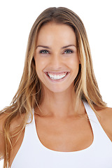 Image showing Happy, smile and portrait of a woman model with natural beauty and white background. Happiness, smiling face and beautiful person alone with mock up in a studio feeling positive with skin glow