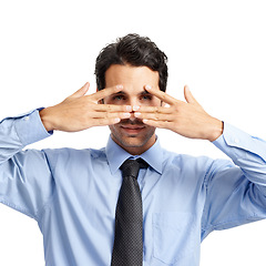 Image showing I see you. Portrait, face and hands with a business man in studio on a white background with a vision for future success.