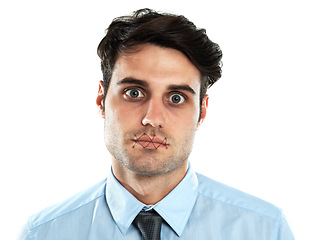 Image showing Man, silence and portrait of censored victim with stitched mouth isolated on white background. Censorship, depression and abuse, businessman with lips sewn to shut up, stress and anxiety in studio.