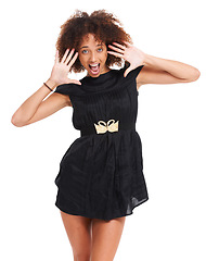 Image showing Surprised face portrait, black woman or afro and hands up in fashion party dress, trendy clothes or style clothing. Shocked, model or wow facial expression on studio white background and mockup space