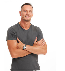 Image showing Mature, happy and proud man portrait feeling healthy and fit from wellness and sports with mockup. Male model, smiling and happiness with crossed arms alone and mock up with a smile and positivity