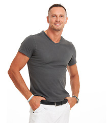 Image showing Portrait, man and smile with style, fashion and handsome guy isolated on white studio background. Muscular male, gentleman and trendy outfit for confidence, cool and happiness for summer and relax