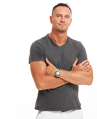 Image showing Handsome, attractive and man model portrait feeling healthy and fit in isolated white background mockup. Male, person and confidence with crossed arms alone and mock up with a smile and positivity