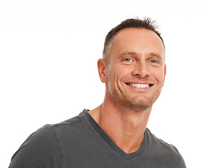 Image showing Mature man, portrait and smile with mockup background, studio space and trust in Australia. Happy face, headshot and confident guy, male model and relax with happiness, marketing and mock up backdrop