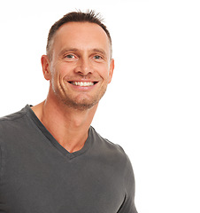Image showing Mature man, portrait and smile with white background, studio and mockup space in Australia. Happy face, headshot and confident guy, male model and relax with happiness, healthy body and handsome pose