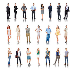 Image showing Diversity, different and professional employees standing in white background for employment or qualifications. People, happy workers and career success motivation or future vision isolated in studio