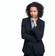 Image showing Corporate black woman, thinking and studio with idea, vision and focus by white background. Isolated woman, business leader and professional for ideas, decision and choice for future, career or dream