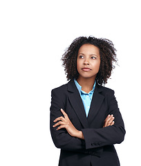 Image showing Black woman, business and vision with suit, thinking and studio with white background for idea. Corporate leader, woman and focus for ideas, strategy or mission with arms crossed, motivation and goal