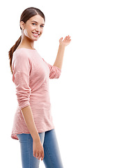 Image showing Presenting, woman and portrait of a model with mock up space for advertisement and marketing. Isolated, white background and mockup of a young person with happiness and a smile to present a ad