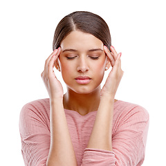 Image showing Headache, stress and frustrated with woman in pain suffering with anxiety, depression and burnout fatigue. Mental health, sad and migraine with face of worried girl for sick, mistake and exhausted