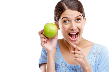 Image showing Health, apple and smile with portrait of woman for nutrition, diet and weight loss choice. Fiber, food and vitamins with isolated face of girl and mockup for fruit, natural and organic wellness